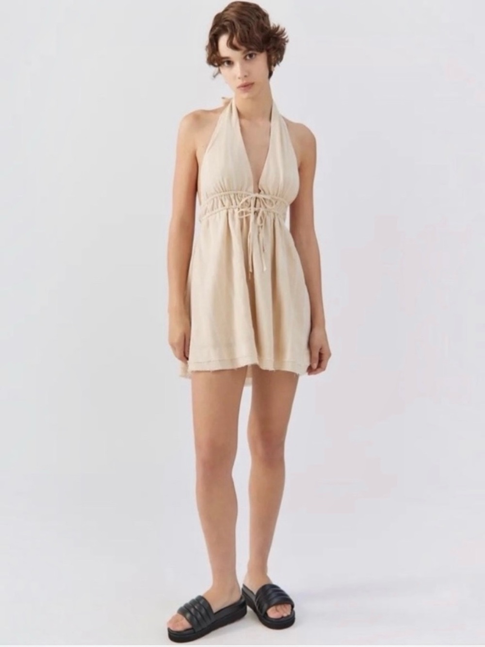 Urban Outfitters UO Sunshine Linen Halter Mini Dress in Light Beige Size XS